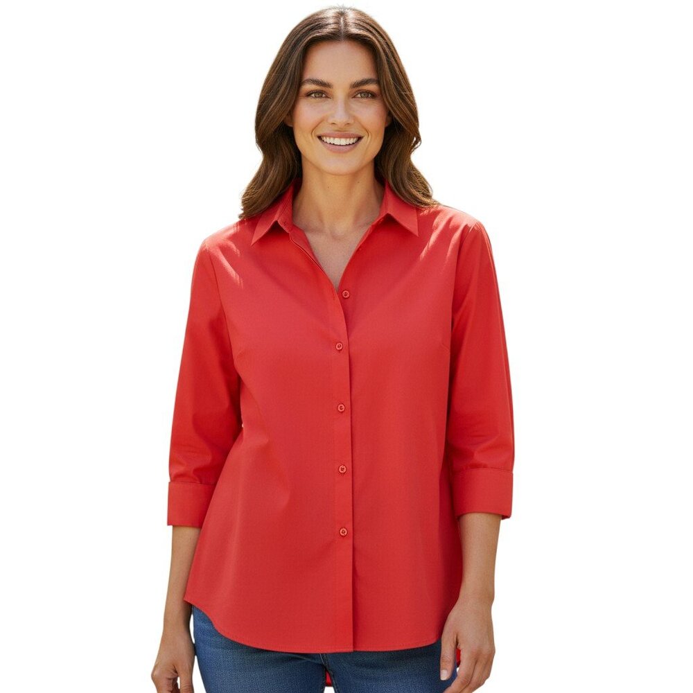 Colleen Lopez Womens M Coral Red Pleated Button Front Blouse High Low Career